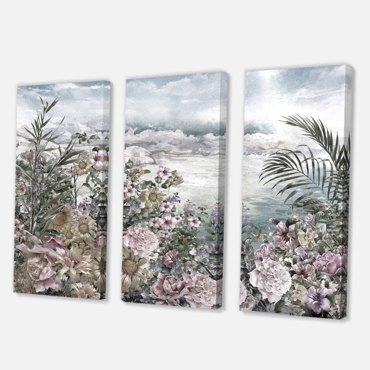 Designart - Retro Flowers By The Sea Side - Vintage Canvas Wall Art Print